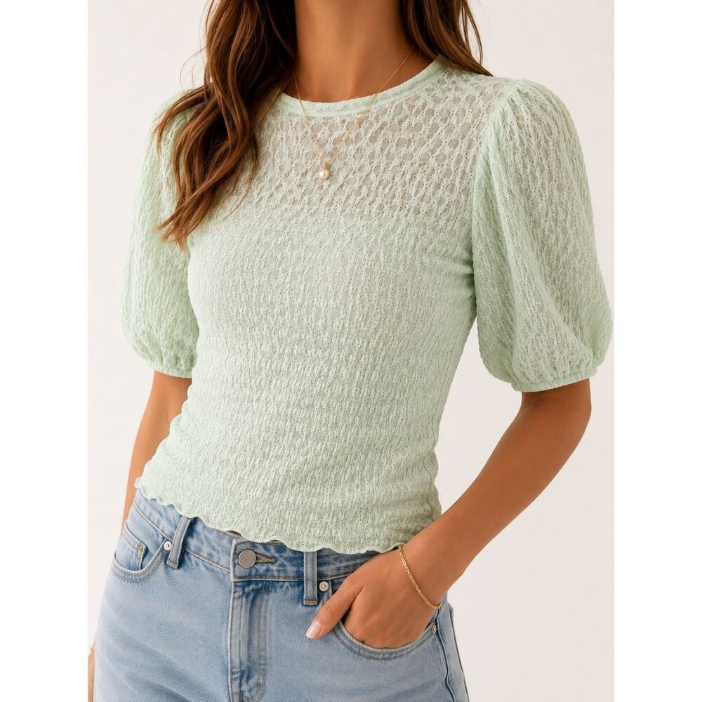 Topshop Mint Green Textured Puff Sleeve Lace Detail Top US 6